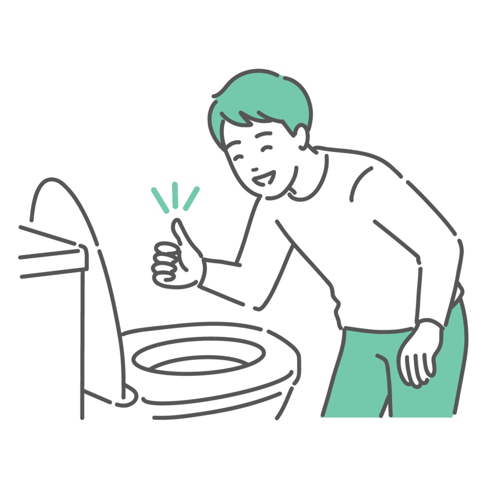 トイレで便の状態を確認してOKサインを出す男性のイラスト（大腸カメラ前処置・健康管理）