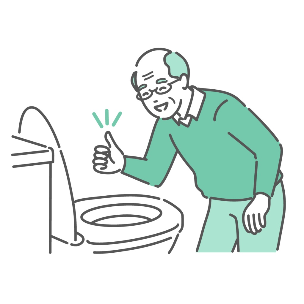 トイレで便の状態を確認してOKサインを出す高齢男性のイラスト（快便・介護・健康管理）