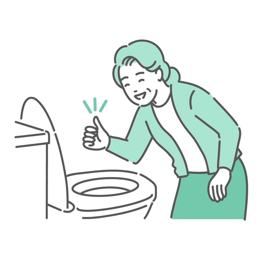 トイレで便の状態を確認してOKサインを出す高齢女性のイラスト（快便・介護・健康管理）