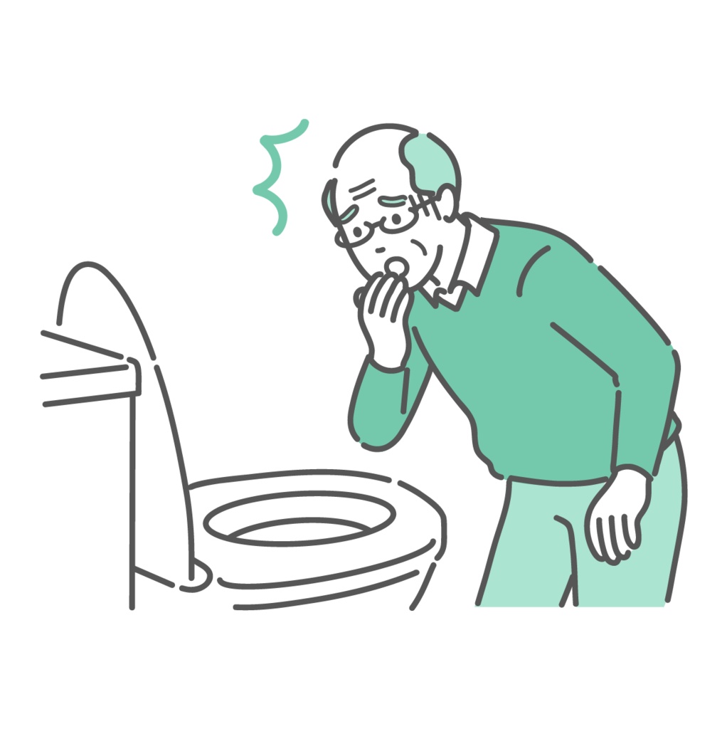 トイレで便を見て驚愕する高齢男性のイラスト（血便・下血・異常発見）