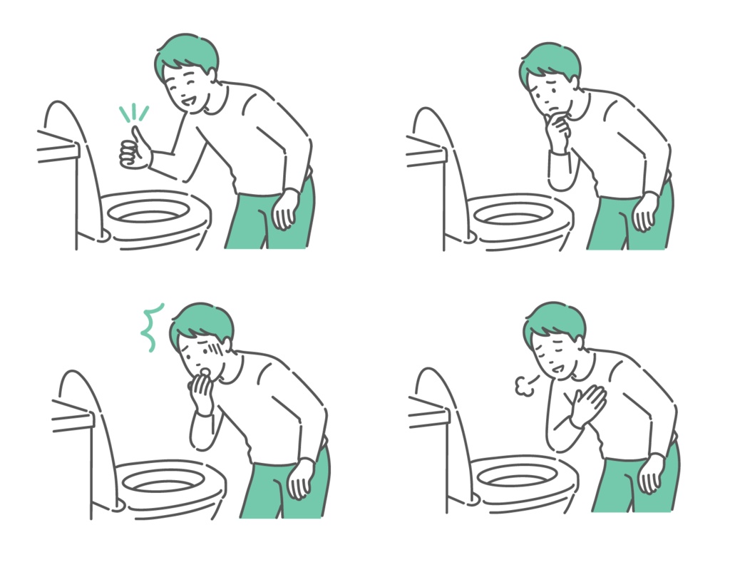 トイレで便の状態を確認する男性のイラストセット(OK・困る・驚く・安心)