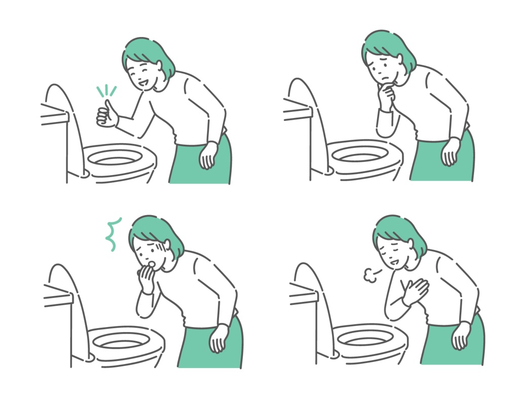 トイレで便の状態を確認する女性のイラストセット（OK・困る・驚く・安心）