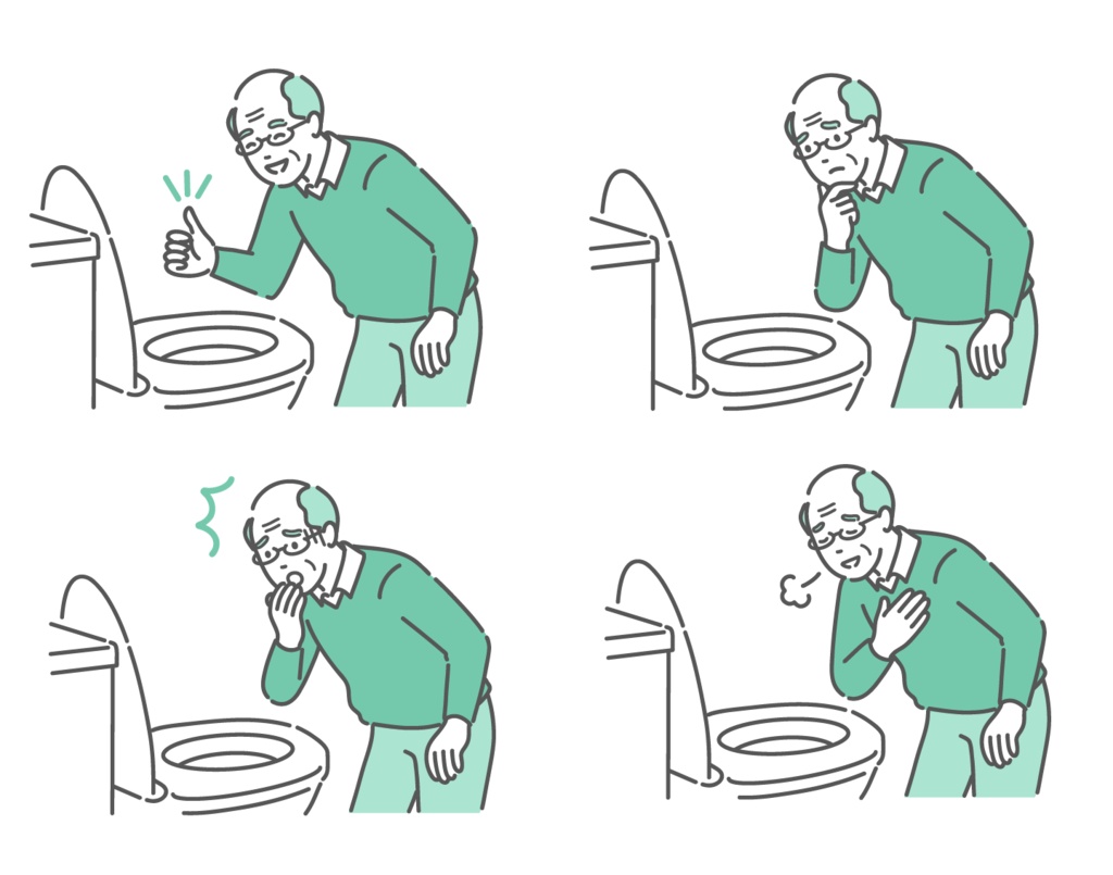 トイレで便の状態を確認する高齢男性のイラストセット（OK・困る・驚く・安心）