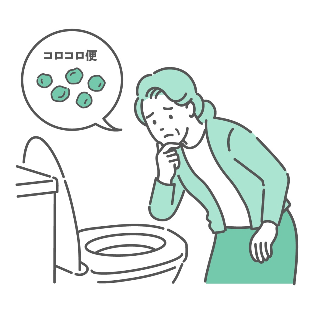 トイレで「コロコロ便（硬い便）」を確認して悩む高齢女性のイラスト（吹き出し・便秘・介護）