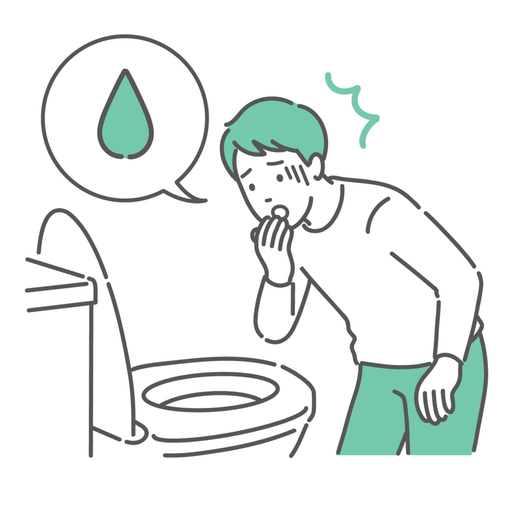 トイレで「血便・出血」を確認して驚愕する男性のイラスト(吹き出し・痔・大腸がん)