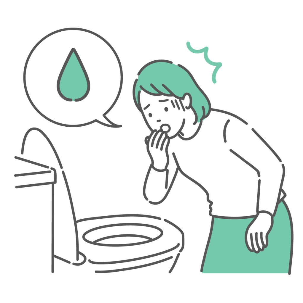 トイレで「血便・出血・不正出血」を確認して驚愕する女性のイラスト(吹き出し・婦人科・大腸がん)