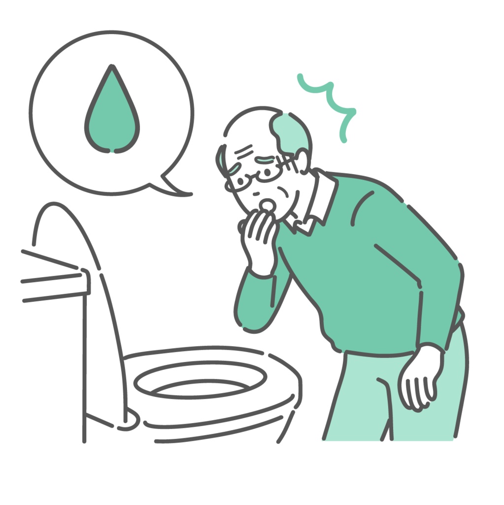 トイレで「血便・出血」を確認して驚愕する高齢男性のイラスト(吹き出し・大腸がん・血尿)