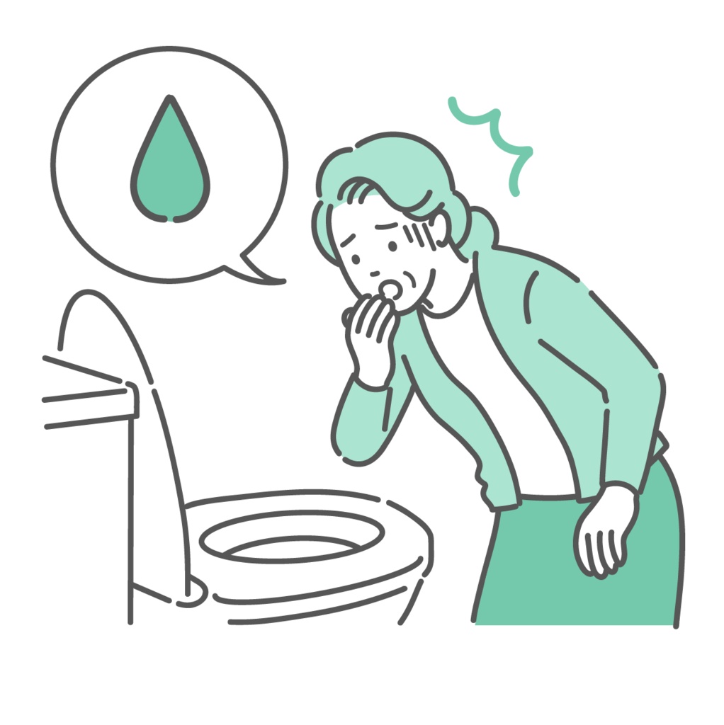トイレで「血便・出血・不正出血」を確認して驚愕する高齢女性のイラスト(吹き出し・大腸がん・婦人科)