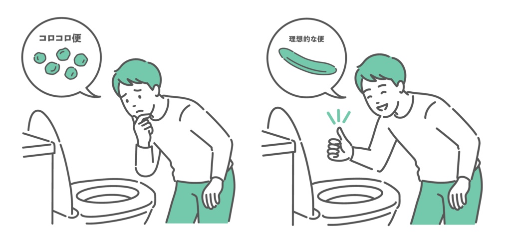 便の状態比較イラスト(コロコロ便NG・理想的な便OK・腸活ビフォーアフター)