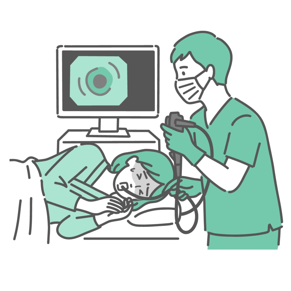 苦しい胃カメラ検査(鎮静剤なし・嘔吐反射)を受ける女性のイラスト