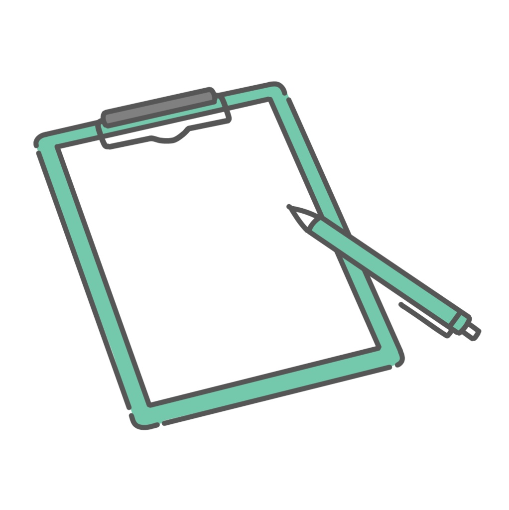 医療用クリップボードとペンのイラスト(問診票・チェックシート)