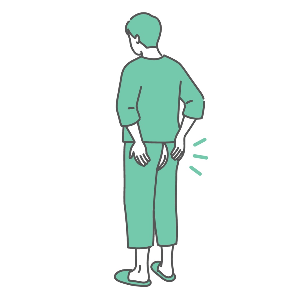 大腸カメラ検査用の検査着（スリット入りパンツ）を履いた男性のイラスト