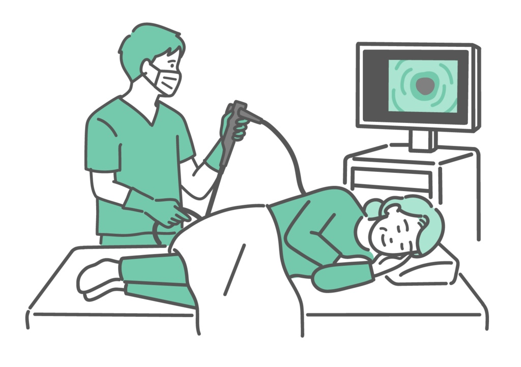 鎮静剤で眠りながら大腸カメラ検査を受ける高齢女性のイラスト