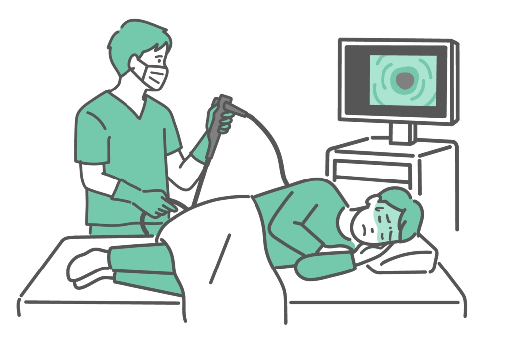 痛みや不快感を感じている大腸カメラ検査のイラスト（鎮静剤なし）