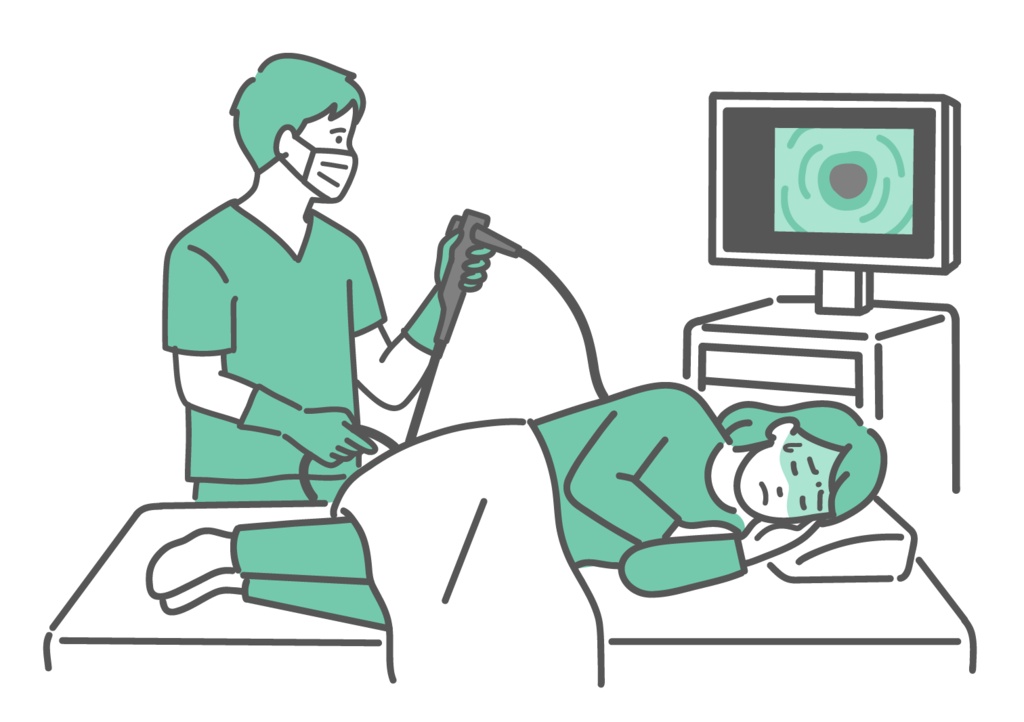 痛みや不快感を感じている大腸カメラ検査のイラスト（女性・鎮静剤なし）
