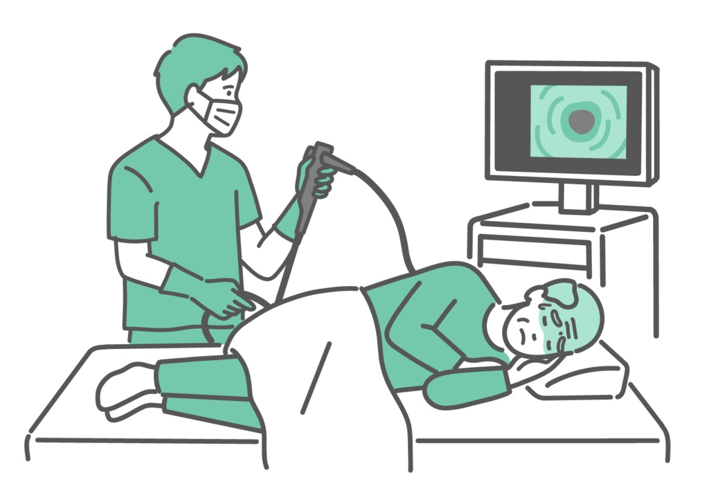 痛みや不快感を感じている大腸カメラ検査のイラスト(高齢男性・鎮静剤なし)