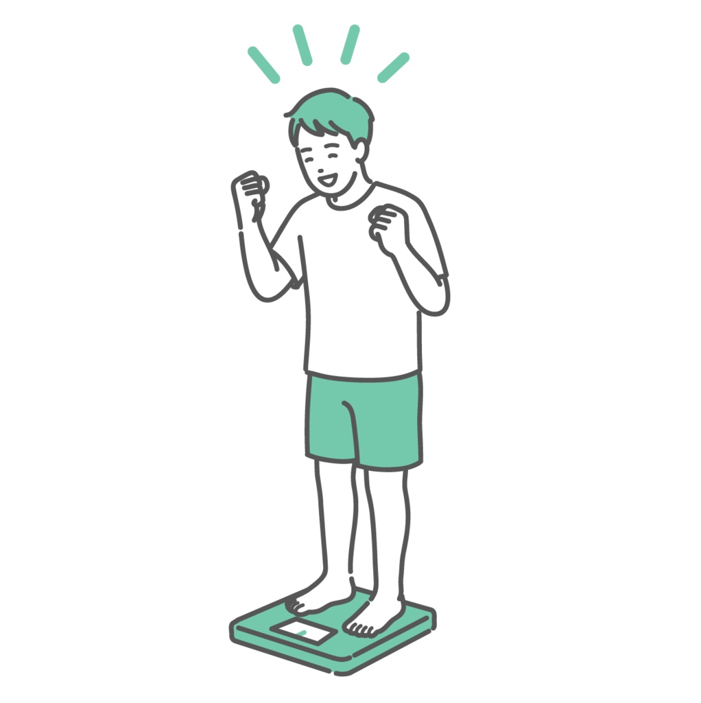 体重測定をして喜ぶ成人男性のイラスト（標準体型）
