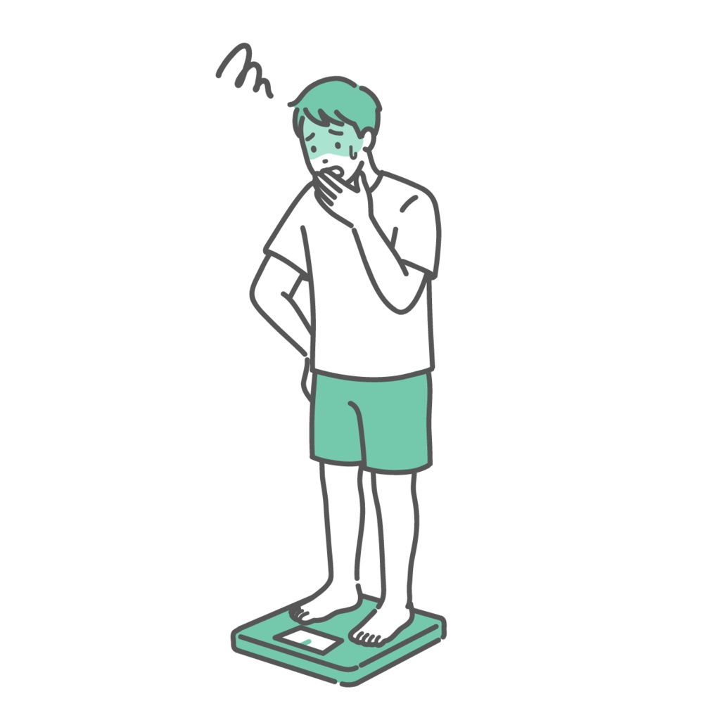 体重測定をしてショックを受ける成人男性のイラスト（標準体型）