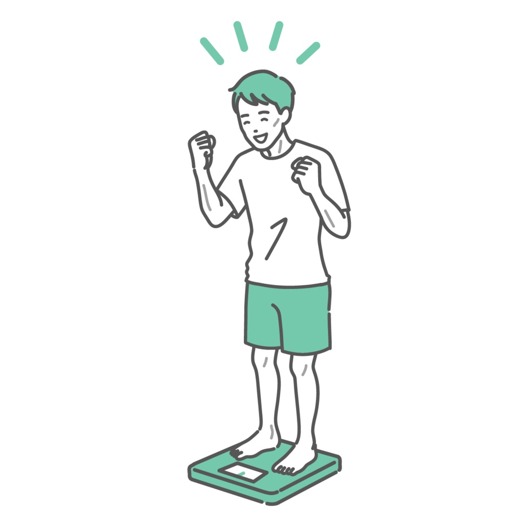 体重測定をして喜ぶ成人男性のイラスト(痩せ型)
