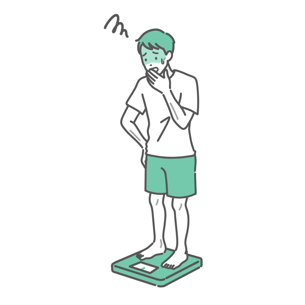 体重測定をしてショックを受ける成人男性のイラスト（痩せ型）