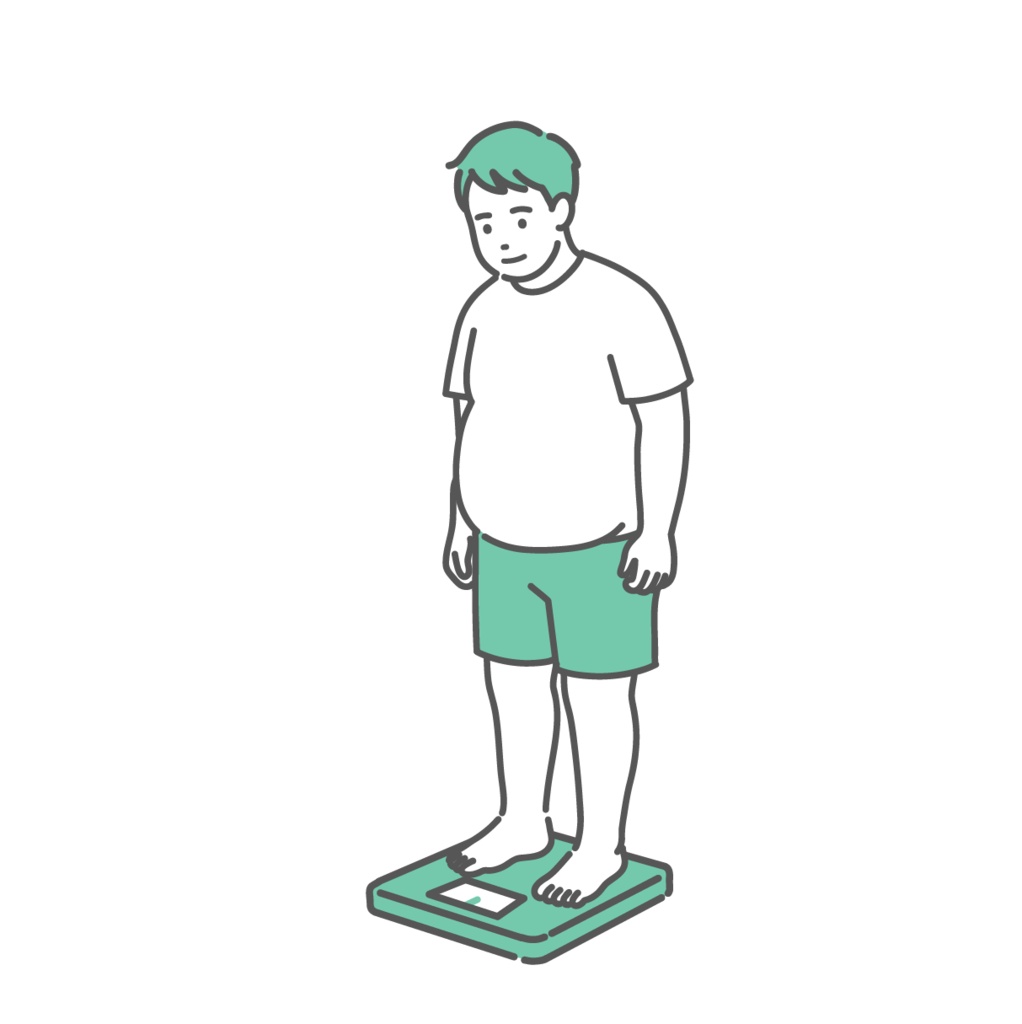 体重測定をする成人男性のイラスト（肥満体型）