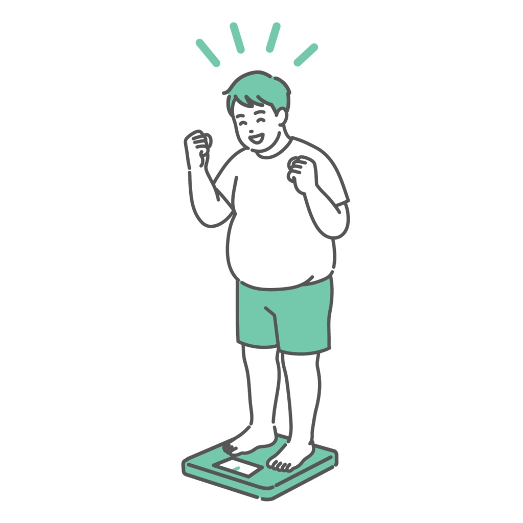 体重測定をして喜ぶ成人男性のイラスト（肥満体型）