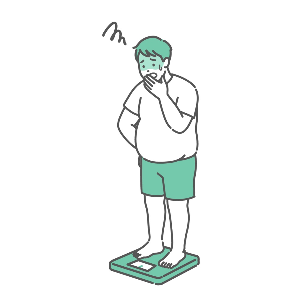 体重測定をしてショックを受ける成人男性のイラスト（肥満体型）