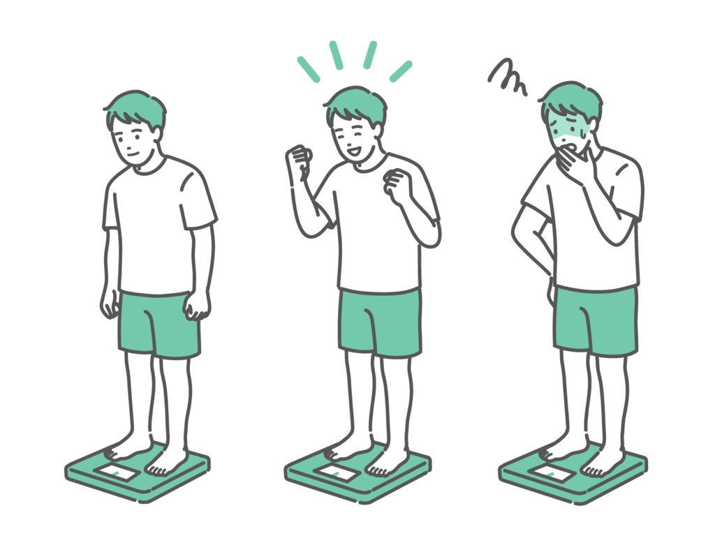 体重測定をする成人男性のイラストセット（標準体型・表情3種）