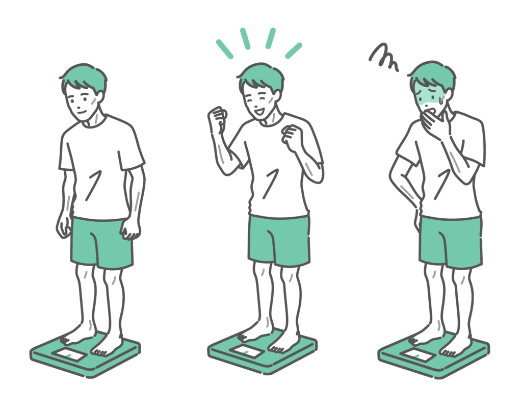 体重測定をする成人男性のイラストセット（痩せ型・表情3種）