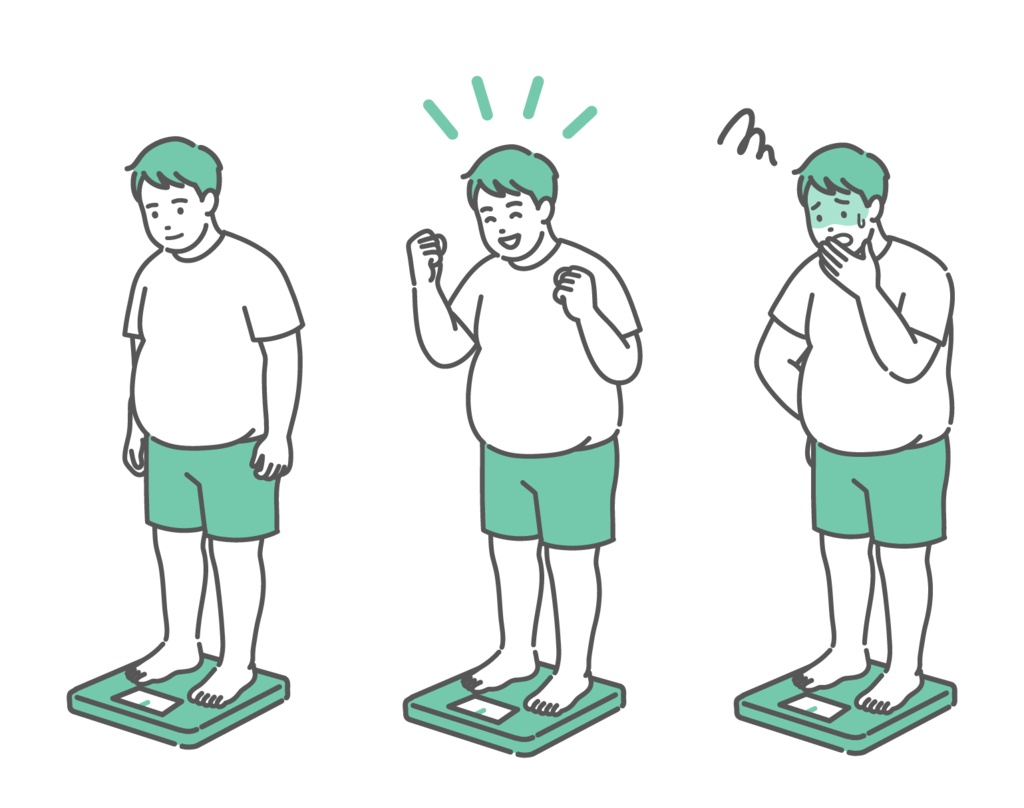 体重測定をする成人男性のイラストセット（肥満体型・表情3種）