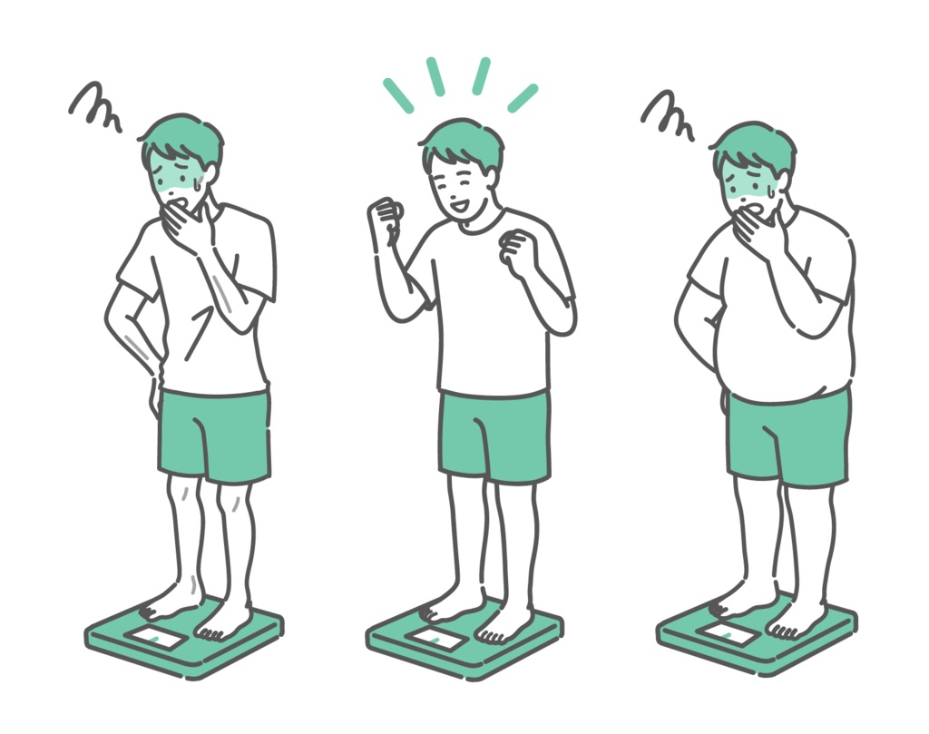 体重測定の結果に一喜一憂する3体型の成人男性イラストセット（痩せ型・標準・肥満）