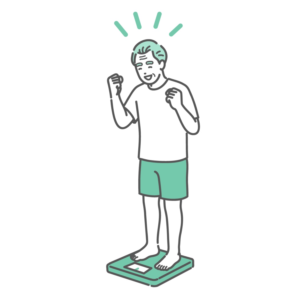 体重測定をして喜ぶシニア男性のイラスト(標準体型)