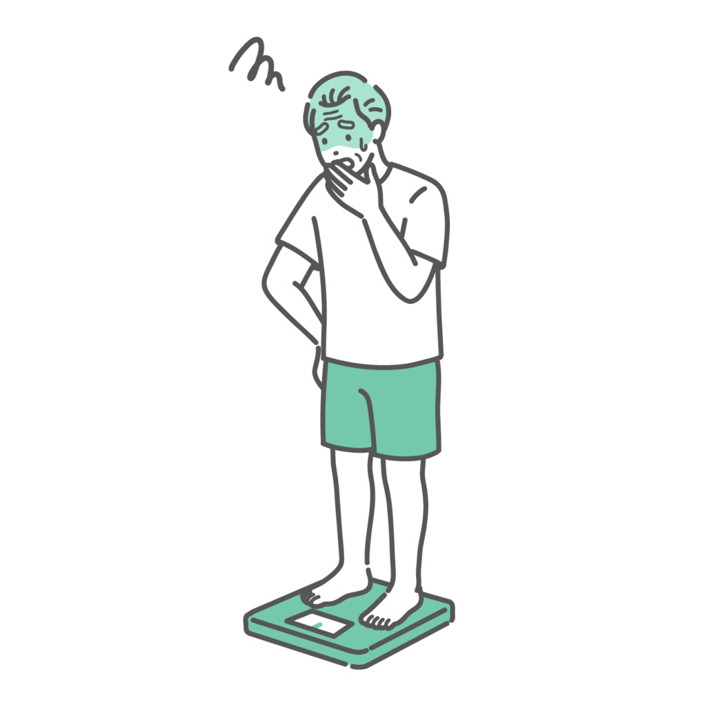 体重測定をしてショックを受けるシニア男性のイラスト(標準体型)