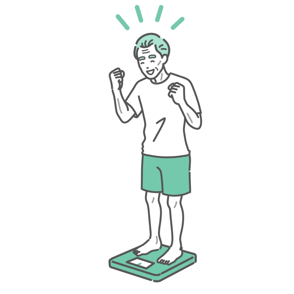 体重測定をして喜ぶシニア男性のイラスト（痩せ型）