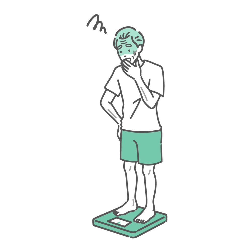 体重測定をしてショックを受けるシニア男性のイラスト（痩せ型）