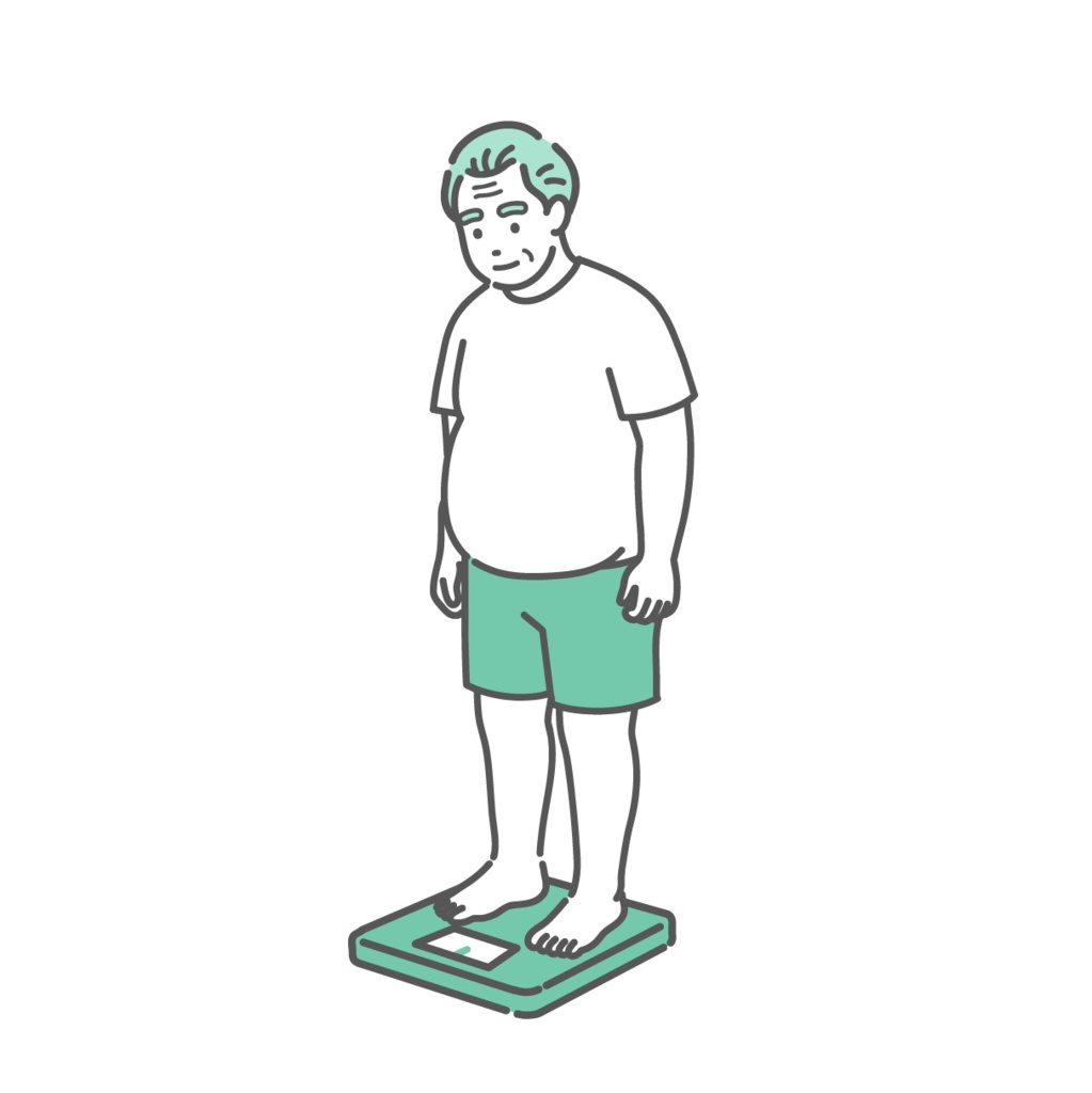体重測定をするシニア男性のイラスト（肥満体型）