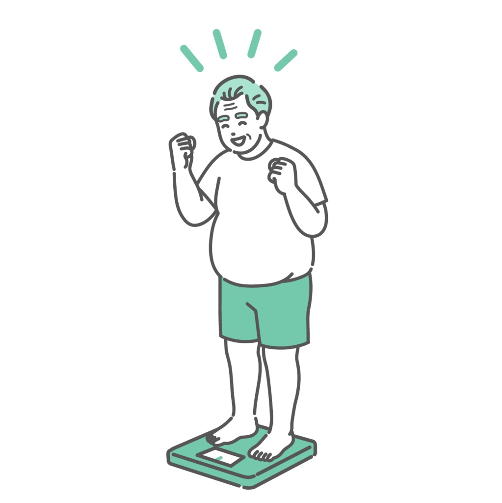 体重測定をして喜ぶシニア男性のイラスト（肥満体型）