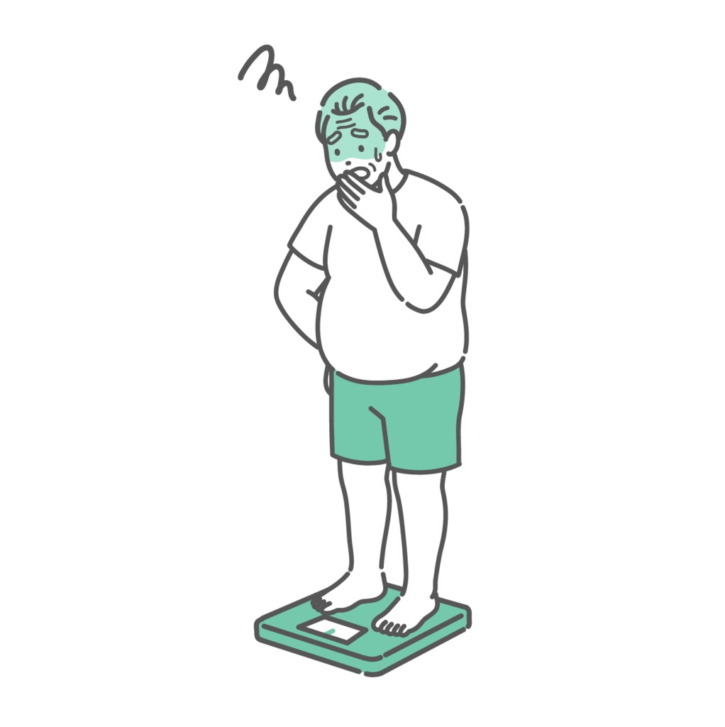 体重測定をしてショックを受けるシニア男性のイラスト(肥満体型)