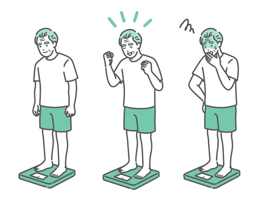 体重測定をするシニア男性のイラストセット(標準体型・表情3種)