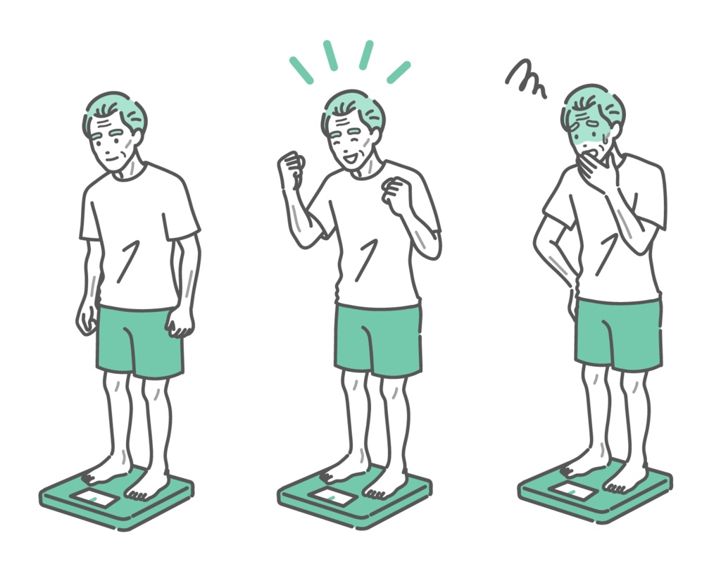 体重測定をするシニア男性のイラストセット(痩せ型・表情3種)