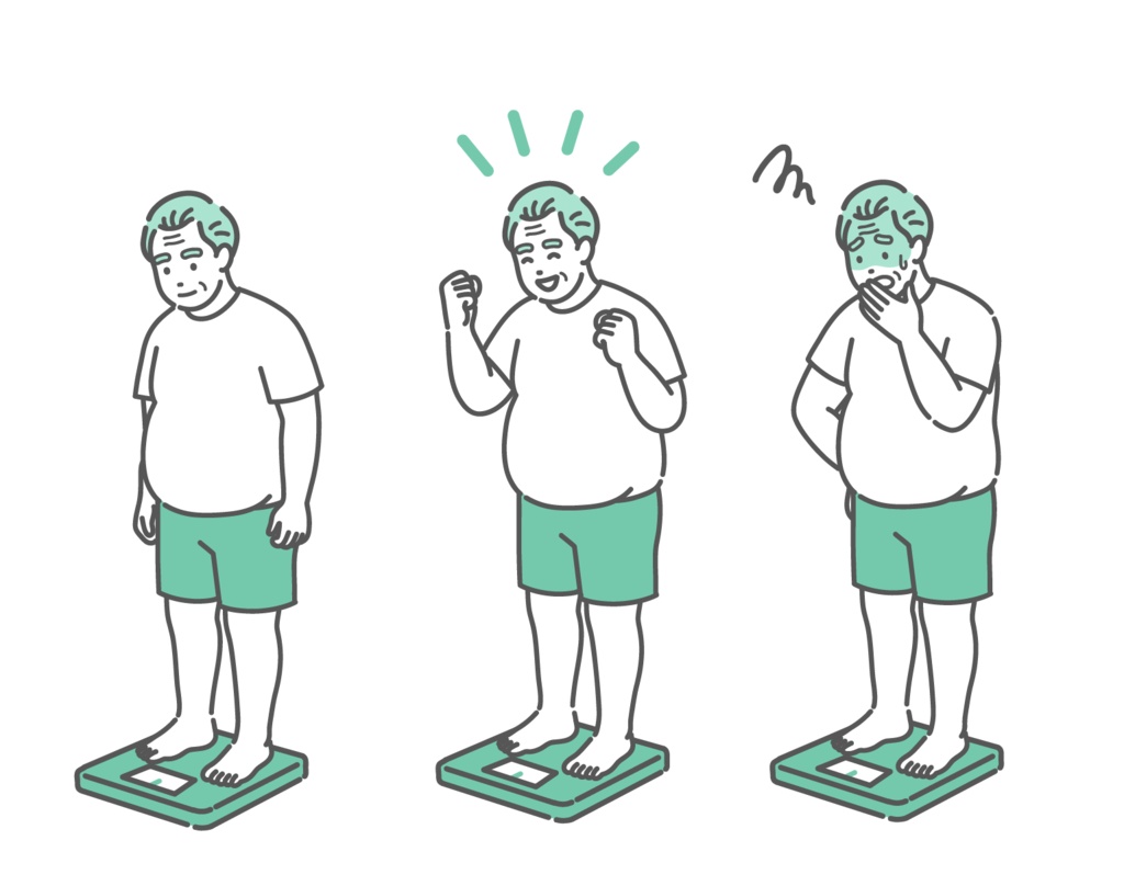 体重測定をするシニア男性のイラストセット（肥満体型・表情3種）
