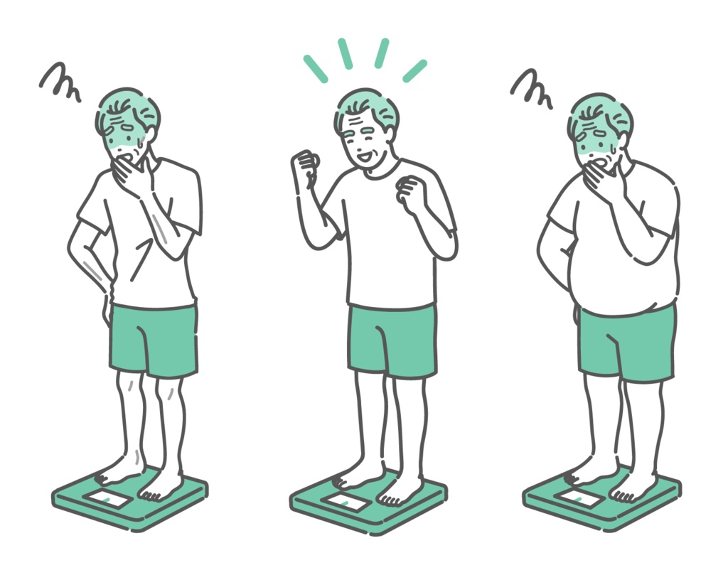 体重測定の結果に一喜一憂する3体型のシニア男性イラストセット(痩せ型・標準・肥満)
