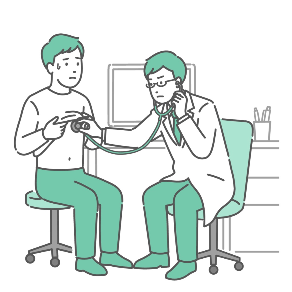 聴診器で異常を確認する男性医師(白衣・体調不良の男性患者)
