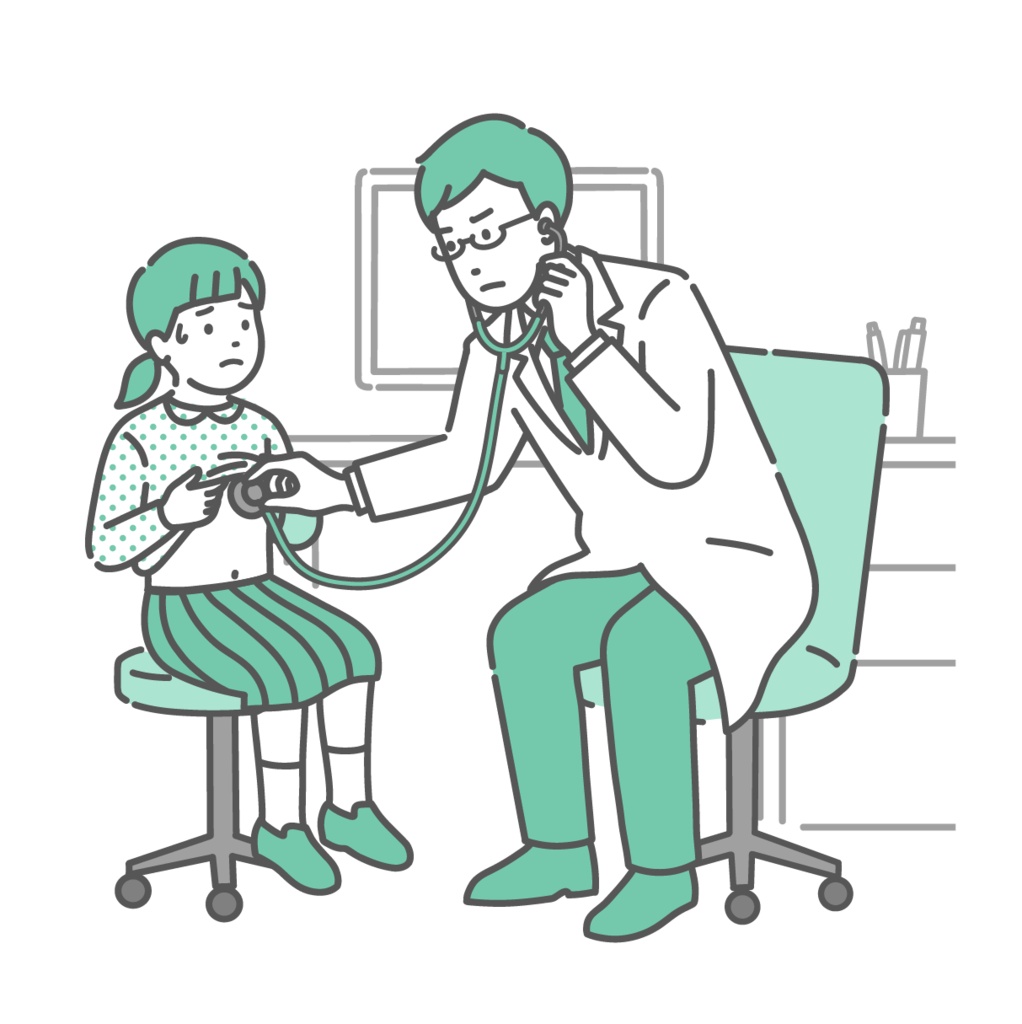 聴診器で異常を確認する男性医師（白衣・体調不良の女の子）