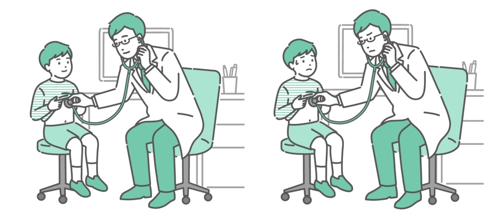 聴診器で診察する男性医師のイラストセット(白衣・男の子・通常と体調不良)