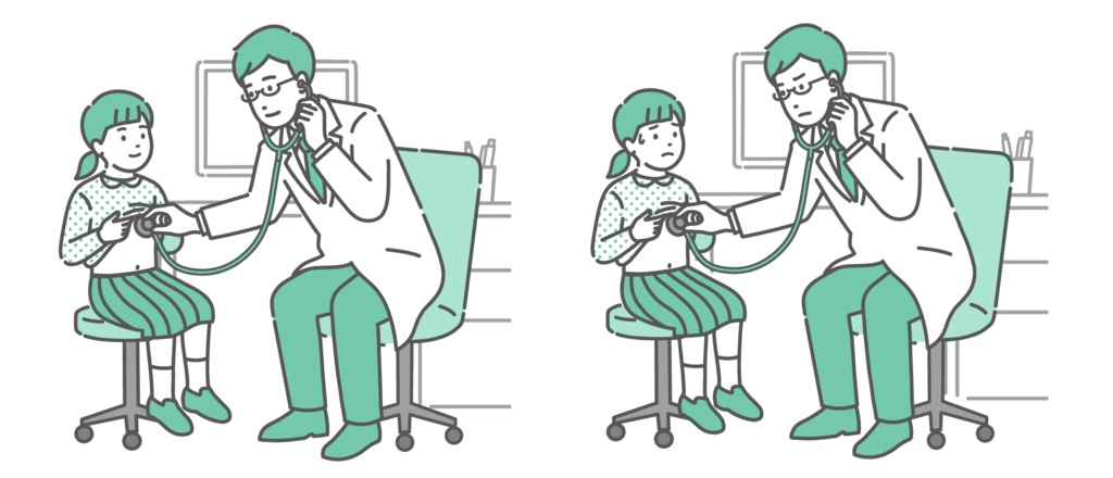 聴診器で診察する男性医師のイラストセット(白衣・女の子・通常と体調不良)