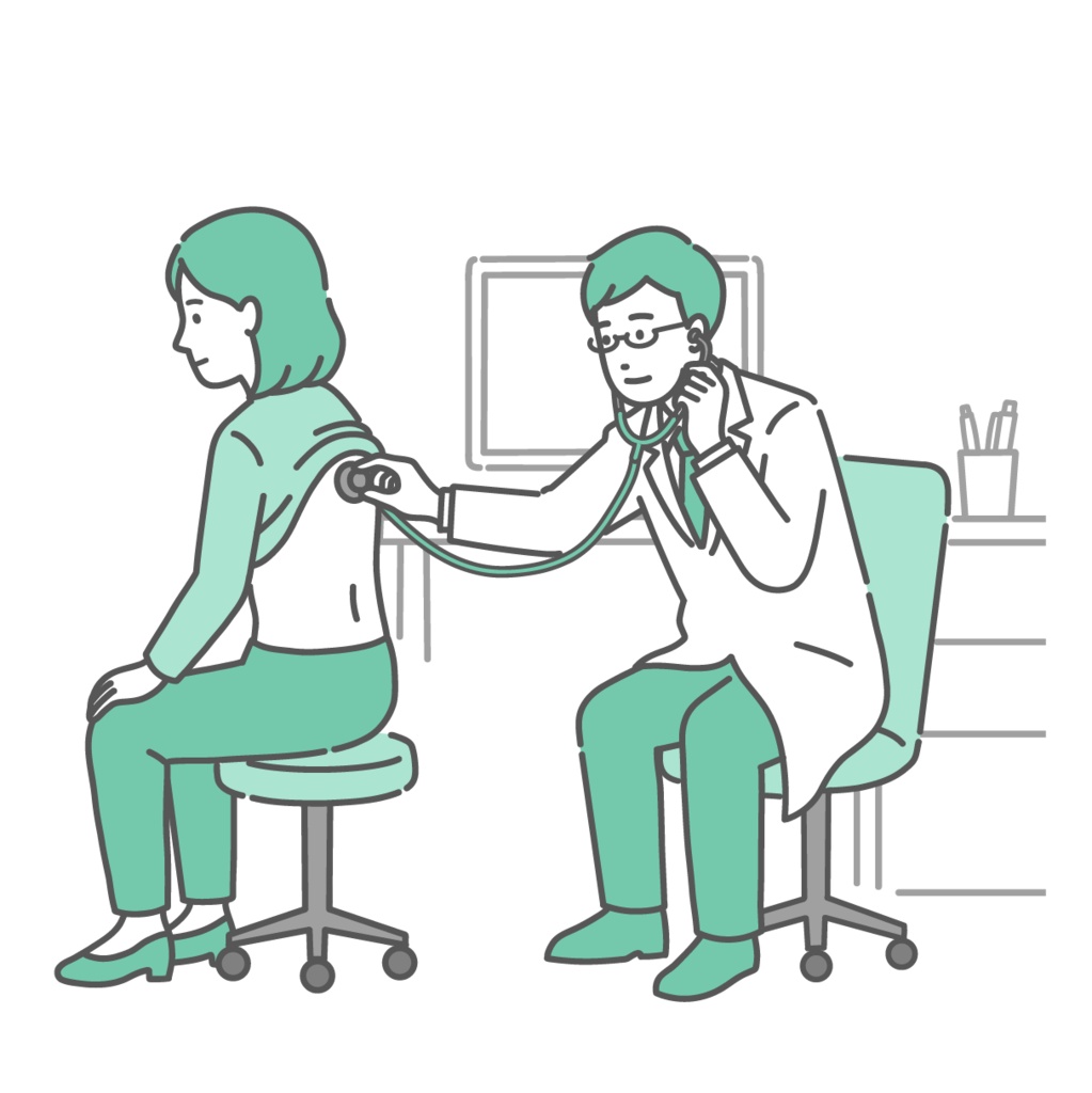 白衣を着用した男性医師による女性の背中の聴診イラスト