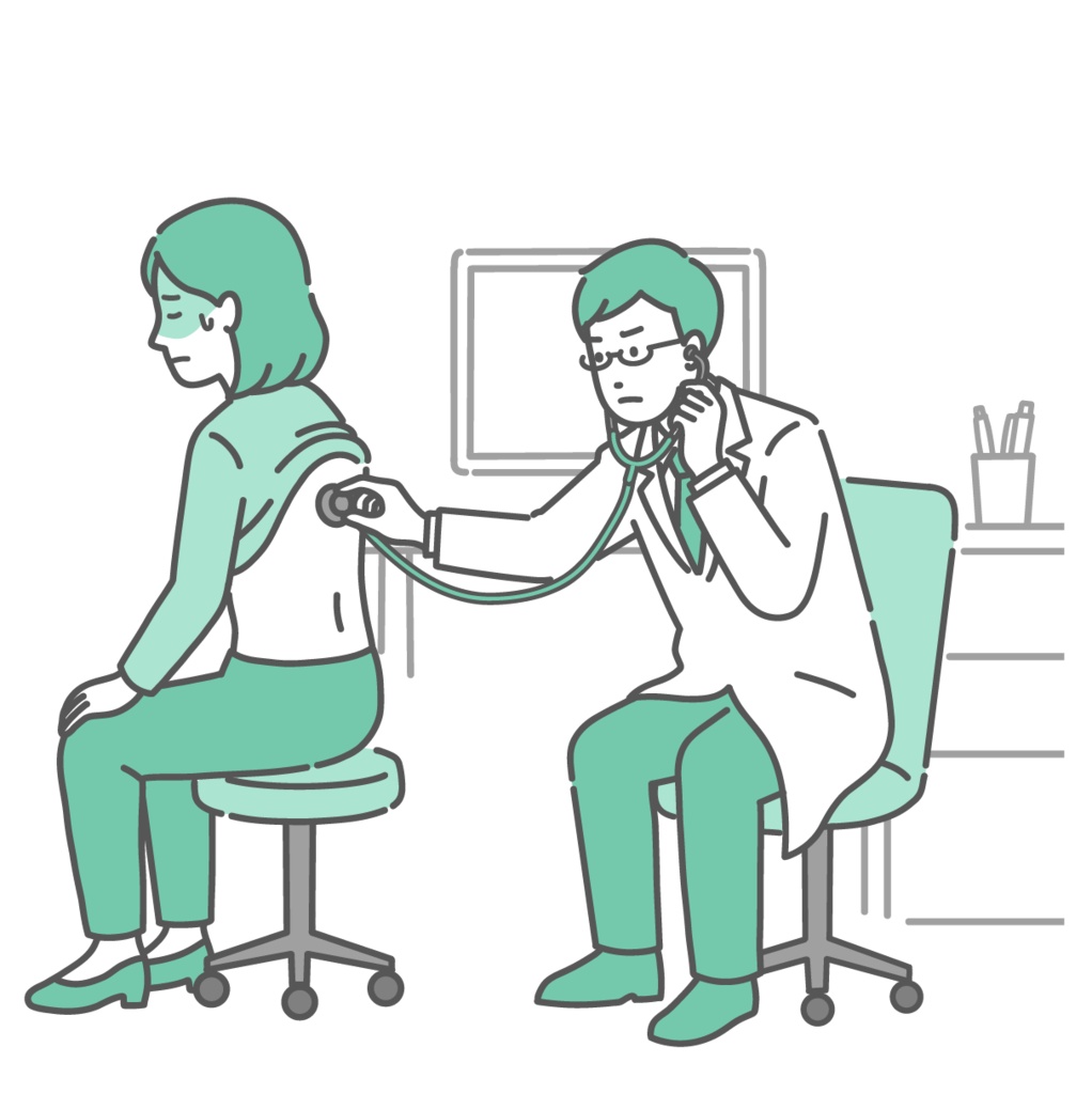 背中の聴診を受ける冷や汗をかいた女性と深刻な表情の白衣の男性医師のイラスト