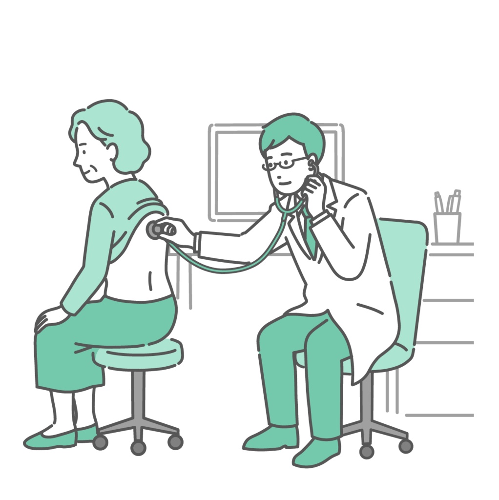 白衣を着用した男性医師による高齢女性の背中の聴診イラスト