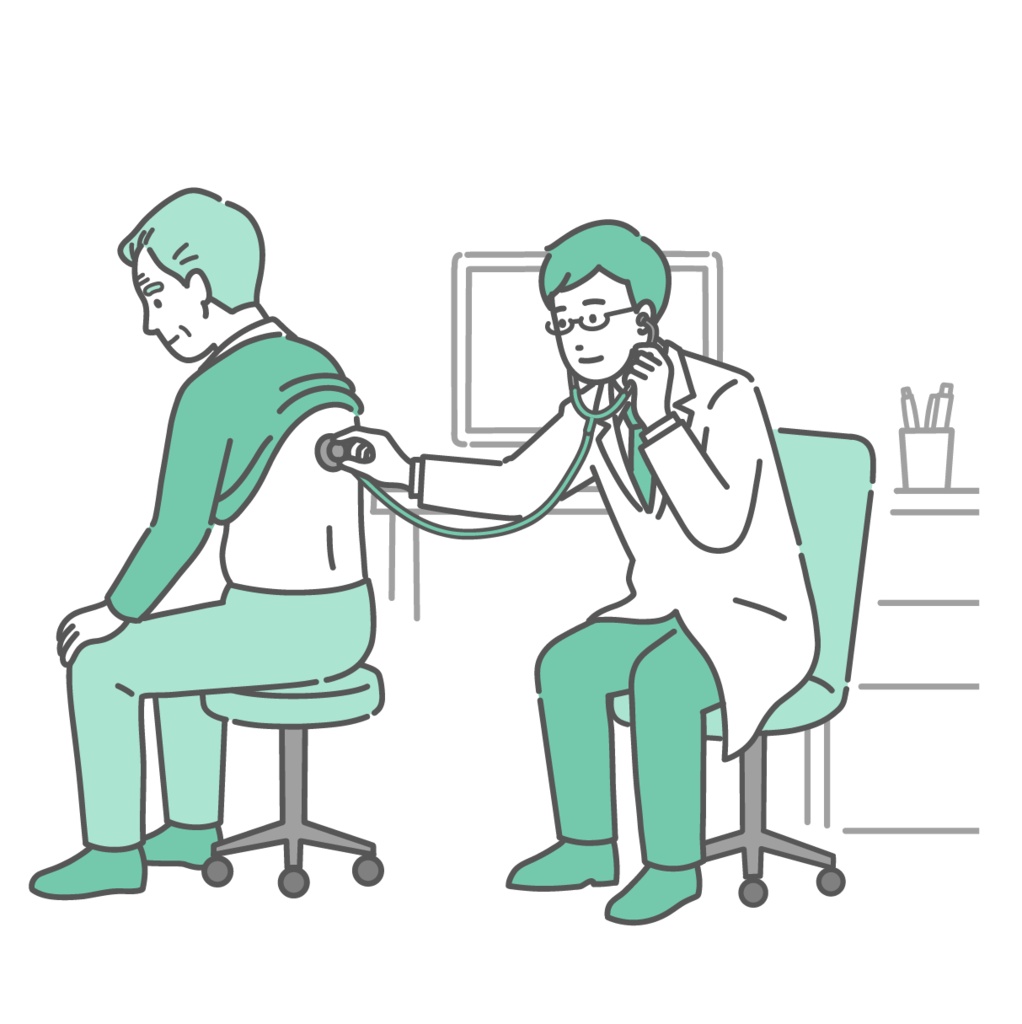 白衣を着用した男性医師による高齢男性の背中の聴診イラスト